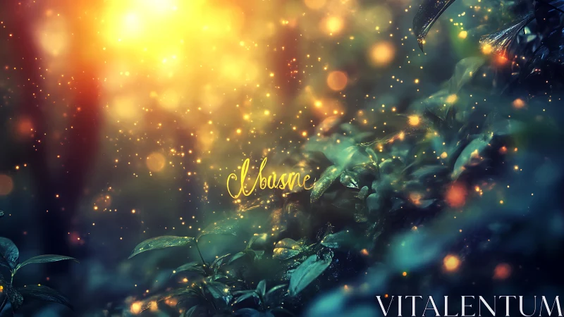 Enchanted forest glow over dewy leaves at golden dusk.