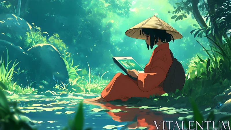 Girl sketches on tablet beside tranquil forest stream.