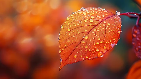 Single orange leaf with water droplets in soft focus scene.