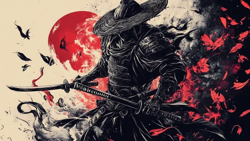 Ronin swordsman silhouette before blood-red lunar eclipse