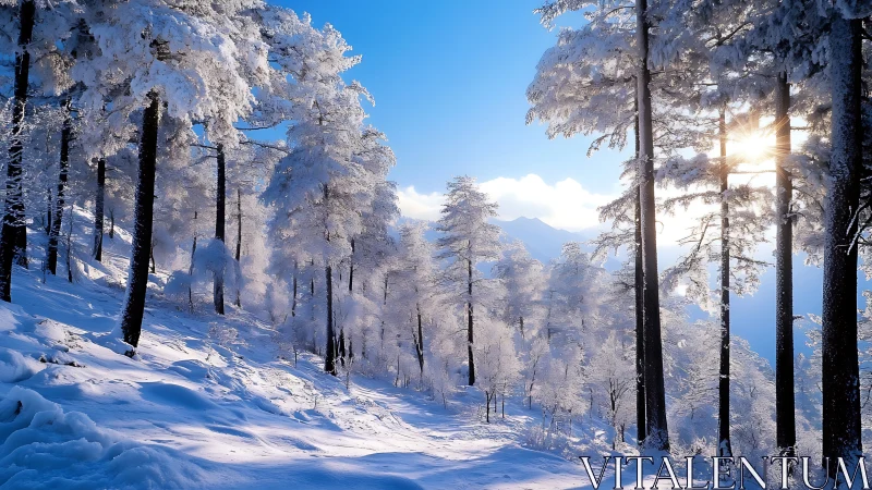 Winter forest hillside catches low sun through frosted pines