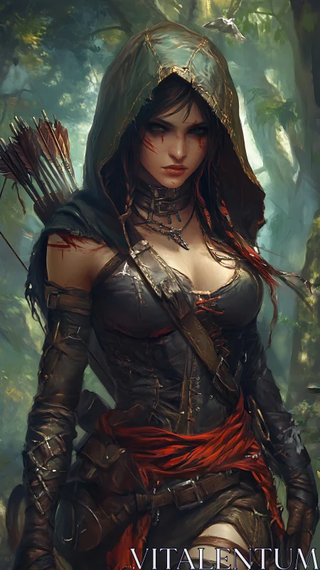Hooded female archer in leather armor within forest setting.