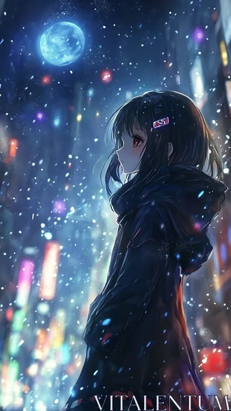 Girl in dark coat under blue moon in snowy neon city