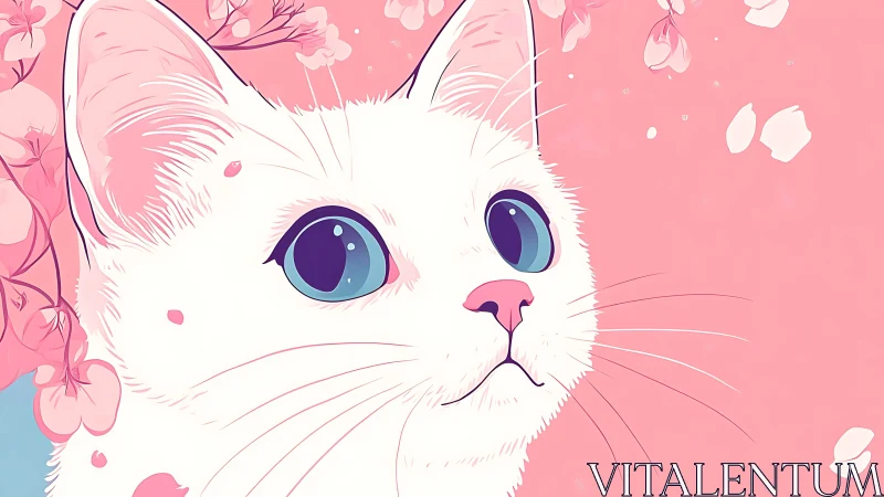 White Cat with Iridescent Blue Eyes in Pink Floral Environment