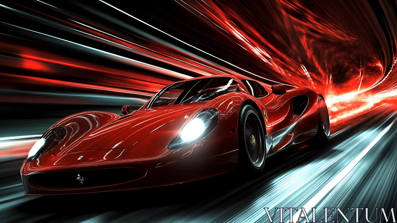 Red supercar racing through a neon lit tunnel at speed.