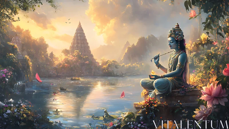 Blue deity plays flute beside river in lush temple valley.