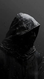 Hooded silhouette rendered in hyperreal low‑key chiaroscuro lighting