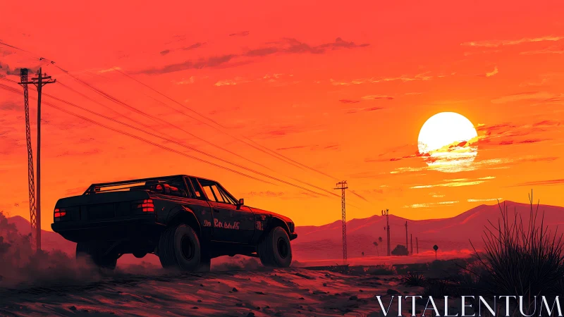 Off-road muscle car cuts across desert highway at neon sunset