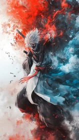 Masked white haired swordsman in swirling red and blue energy.
