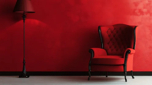 Red upholstered armchair and floor lamp against red wall.