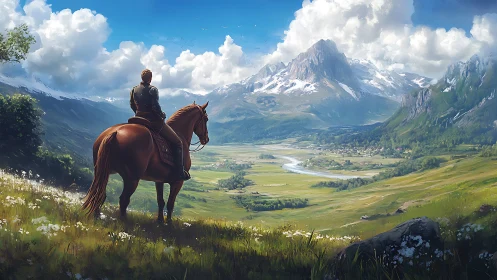 Equestrian observer surveying glacial valley under cumulus sky.