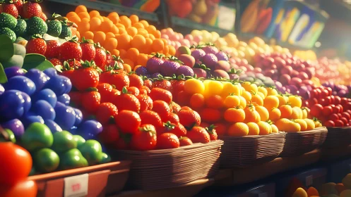 Vibrant digital market stall displays hyperreal rainbow fruit