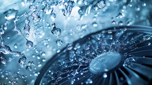 Water splashes burst over spinning turbine under cool light
