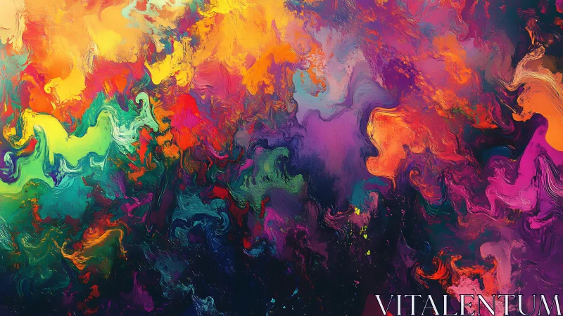 Multicolored abstract fluid swirls in dense layered field.