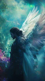 Winged armored figure in luminous forest environment.