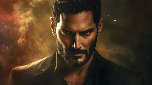 Low key male portrait with warm cinematic smoke and sparks