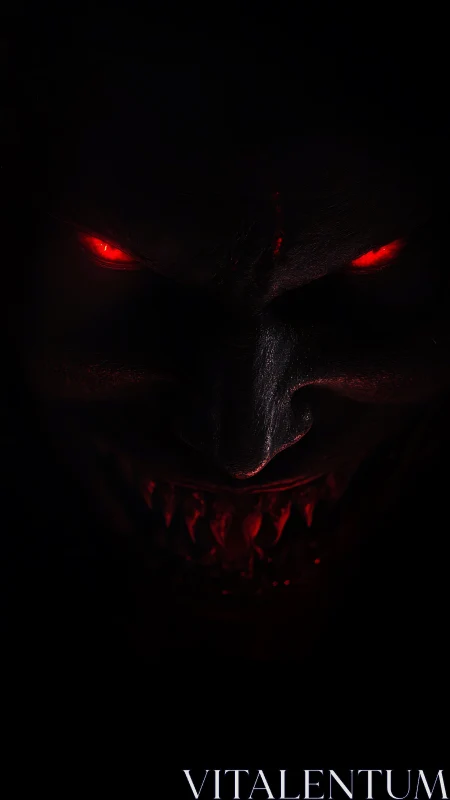 Demon grin burns from the dark with hungry, ember-red eyes.