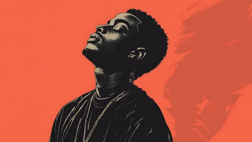 Graphic portrait profile of young man on flat orange field