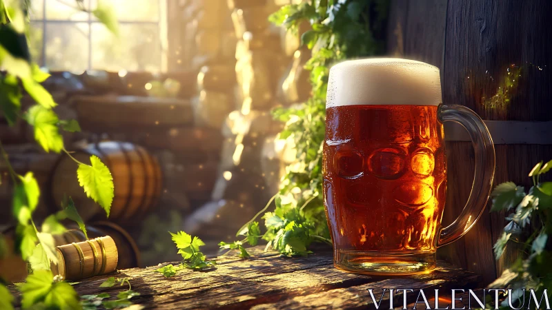 Sunlit amber beer stein rests in a rustic hop-filled brewery