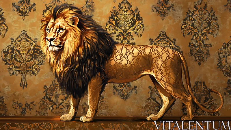 Ornate lion profile integrates baroque damask pattern overlay