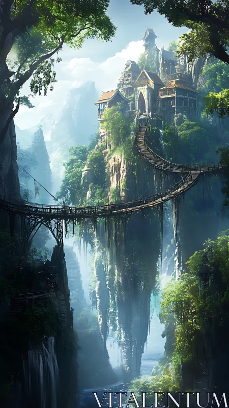 Misty cliffside citadel with suspended wooden skybridge.