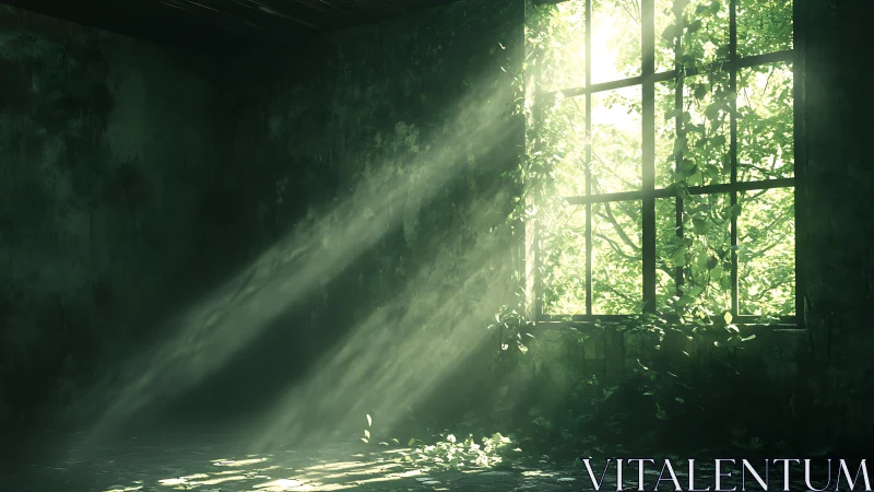 Sunlit abandoned room with overgrown window and ivy.