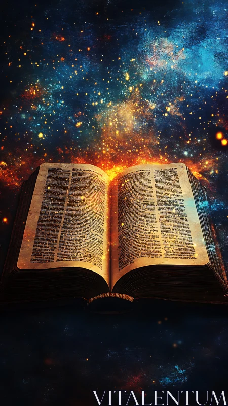 Ancient illuminated book glows beneath a cosmic night sky.