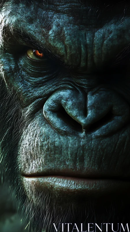 Hyperreal close-up portrait of a brooding great ape face