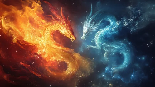 Twin elemental dragons in a cosmic dance of fire and ice.