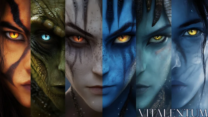 Alien hybrid portraits align in luminous chromatic sequence.