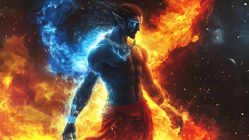Elemental warrior commands blue flame and raging fire.
