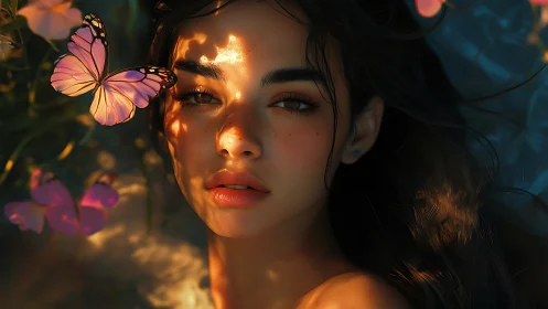 Young woman with butterflies in warm dappled sunset light.