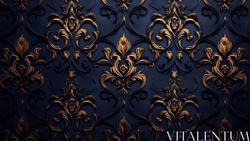 Baroque gold floral damask glows against deep blue wall