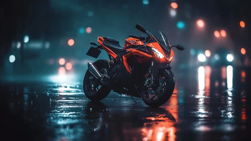 Sport motorcycle on wet city street at night in rain.