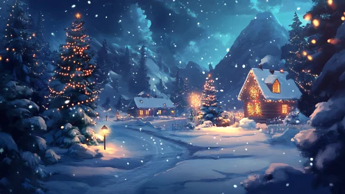 Snowy mountain village glows under festive winter lights.