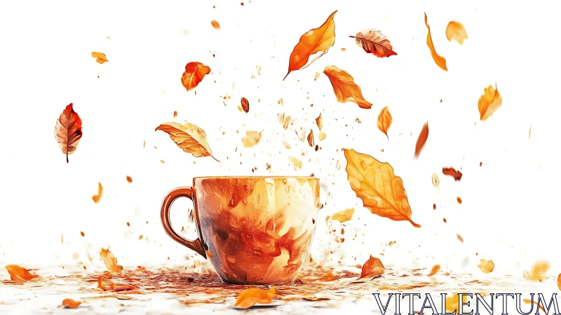 Autumnal ceramic coffee cup with swirling leaves on white field