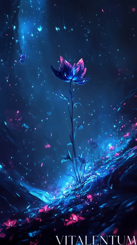 Bioluminescent flower ascends in a deep nocturnal cavern