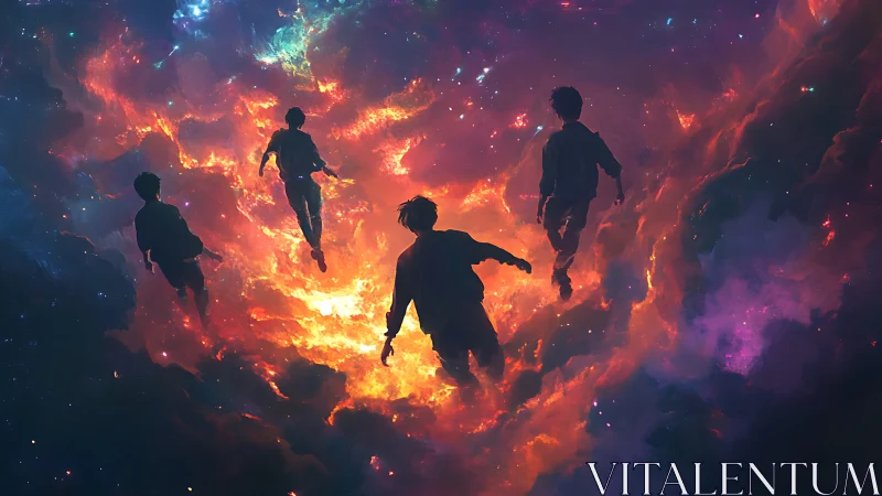 Silhouetted figures traverse a luminous cosmic nebula field