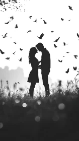 Silhouetted couple kissing in field with birds in flight.