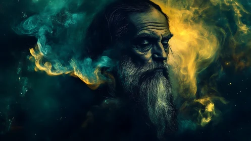 Nebular elder portrait in chromatic particulate diffusion field.