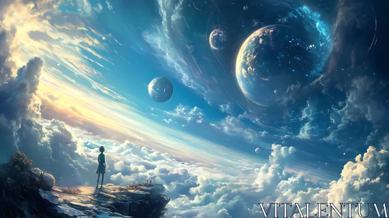 Skyline wanderer quietly studies the swirling planetary sea