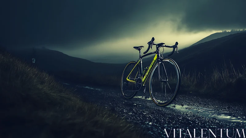 Yellow Road Bike on Mountain Path Against Dramatic Sky.