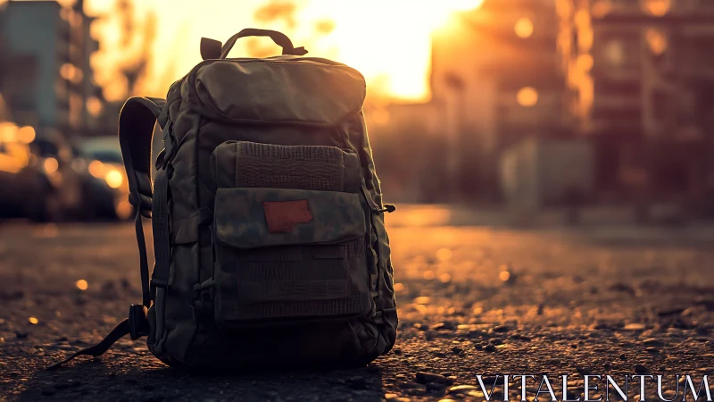 Tactical backpack rests on sunlit urban asphalt at dusk.