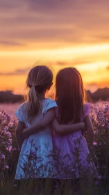 Two Sisters Embrace at Golden Sunset Over Lavender Fields