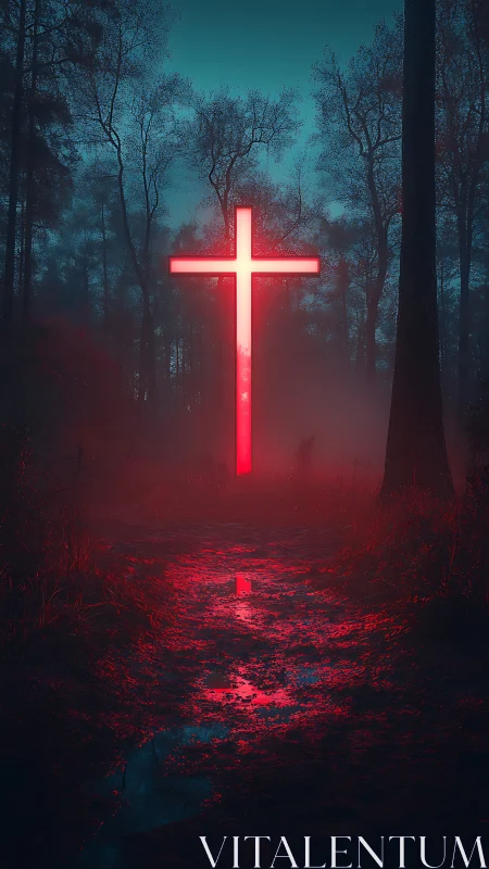 Luminous neon cross illuminates fog-dense forest path at night