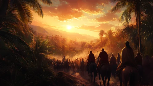 Sunlit caravan riders crossing lush tropical valley at dusk.