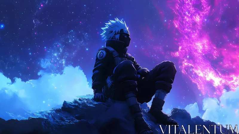 Masked figure seated on rocky ledge beneath starfield sky.