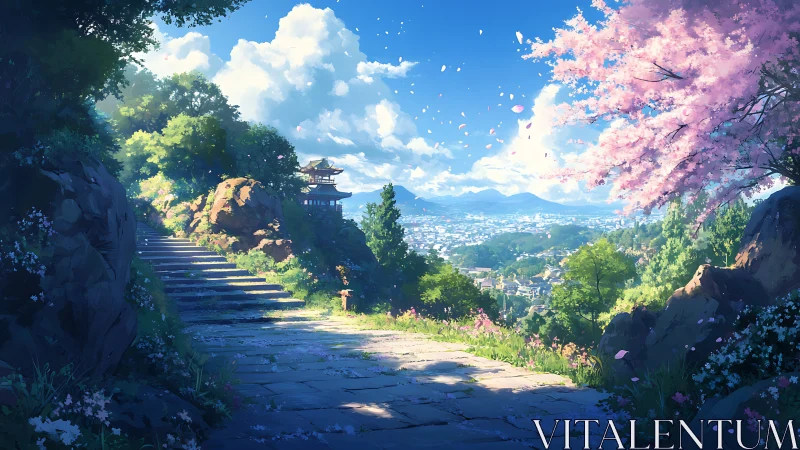 Sunlit temple path above a spring valley panorama.