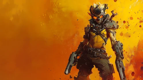 Postapocalyptic gunner silhouetted in blazing orange storm.