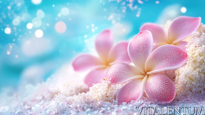 Pink plumeria flowers with crystalline texture on white sand against turquoise bokeh background